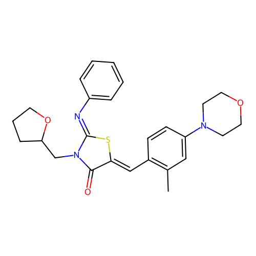 (5Z)-5-[(2-methyl-4-morpholin-4-ylphenyl)methylidene]-3-(oxolan-2-ylmethyl)-2-phenylimino-1,3-thiazolidin-4-one structure