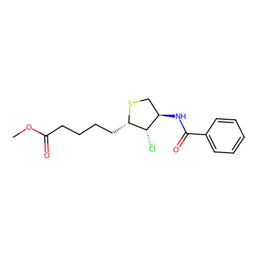 methyl 5-((2S,3S,4R)-4-benzamido-3-chlorotetrahydrothiophen-2-yl)pentanoate structure
