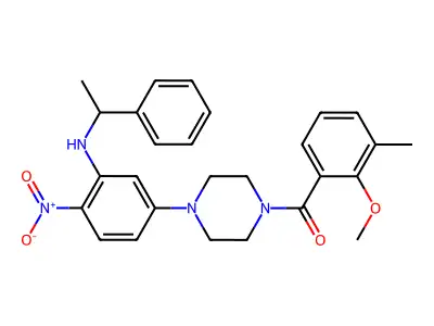 (2-methoxy-3-methylphenyl)-[4-[4-nitro-3-(1-phenylethylamino)phenyl]piperazin-1-yl]methanone structure