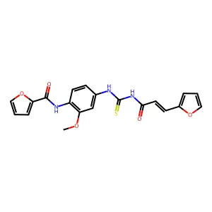 N-[4-[[(E)-3-(furan-2-yl)prop-2-enoyl]carbamothioylamino]-2-methoxyphenyl]furan-2-carboxamide structure