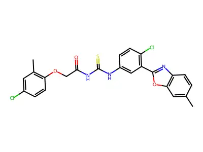 N-{[4-chloro-3-(6-methyl-1,3-benzoxazol-2-yl)phenyl]carbamothioyl}-2-(4-chloro-2-methylphenoxy)acetamide structure