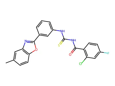 2-chloro-4-fluoro-N-{[3-(5-methyl-1,3-benzoxazol-2-yl)phenyl]carbamothioyl}benzamide structure