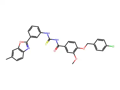 4-[(4-chlorobenzyl)oxy]-3-methoxy-N-{[3-(6-methyl-1,3-benzoxazol-2-yl)phenyl]carbamothioyl}benzamide structure