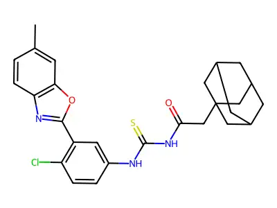 N-{[4-chloro-3-(6-methyl-1,3-benzoxazol-2-yl)phenyl]carbamothioyl}-2-(tricyclo[3.3.1.1~3,7~]dec-1-yl)acetamide structure