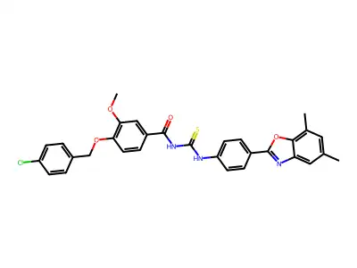 4-[(4-chlorobenzyl)oxy]-N-{[4-(5,7-dimethyl-1,3-benzoxazol-2-yl)phenyl]carbamothioyl}-3-methoxybenzamide structure