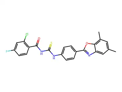 2-chloro-N-{[4-(5,7-dimethyl-1,3-benzoxazol-2-yl)phenyl]carbamothioyl}-4-fluorobenzamide structure