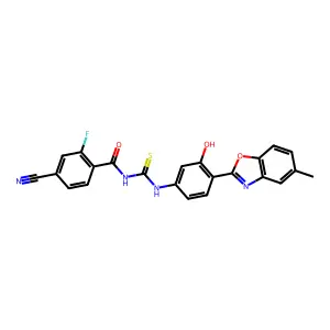 4-Cyano-2-fluoro-N-((3-hydroxy-4-(5-methylbenzo[d]oxazol-2-yl)phenyl)carbamothioyl)benzamide structure