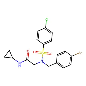 2-[(4-bromophenyl)methyl-(4-chlorophenyl)sulfonylamino]-N-cyclopropylacetamide structure