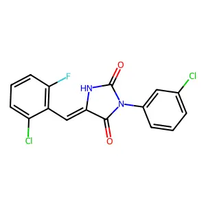 (5E)-5-(2-chloro-6-fluorobenzylidene)-3-(3-chlorophenyl)imidazolidine-2,4-dione structure