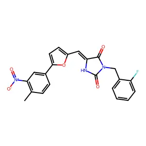 (5E)-3-(2-fluorobenzyl)-5-{[5-(4-methyl-3-nitrophenyl)furan-2-yl]methylidene}imidazolidine-2,4-dione structure