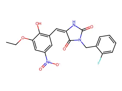 (5E)-5-[(3-ethoxy-2-hydroxy-5-nitrophenyl)methylidene]-3-[(2-fluorophenyl)methyl]imidazolidine-2,4-dione structure