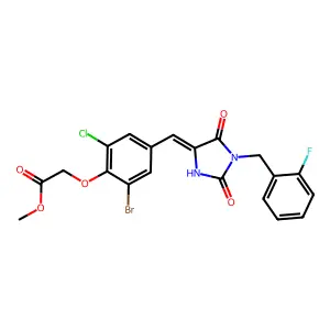 methyl (2-bromo-6-chloro-4-{(E)-[1-(2-fluorobenzyl)-2,5-dioxoimidazolidin-4-ylidene]methyl}phenoxy)acetate structure