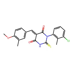 (5E)-1-(3-chloro-2-methylphenyl)-5-(4-methoxy-3-methylbenzylidene)-2-thioxodihydropyrimidine-4,6(1H,5H)-dione structure