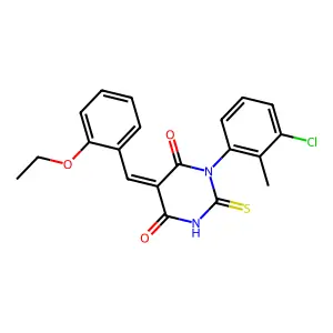 (5E)-1-(3-chloro-2-methylphenyl)-5-(2-ethoxybenzylidene)-2-thioxodihydropyrimidine-4,6(1H,5H)-dione structure