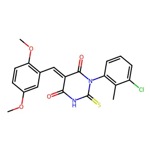 (5E)-1-(3-chloro-2-methylphenyl)-5-(2,5-dimethoxybenzylidene)-2-thioxodihydropyrimidine-4,6(1H,5H)-dione structure