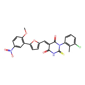 (5E)-1-(3-chloro-2-methylphenyl)-5-[[5-(2-methoxy-5-nitrophenyl)furan-2-yl]methylidene]-2-sulfanylidene-1,3-diazinane-4,6-dione structure