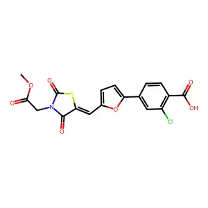 (E)-2-chloro-4-(5-((3-(2-methoxy-2-oxoethyl)-2,4-dioxothiazolidin-5-ylidene)methyl)furan-2-yl)benzoic acid structure