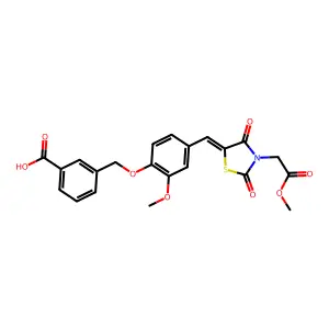 3-[(2-methoxy-4-{(E)-[3-(2-methoxy-2-oxoethyl)-2,4-dioxo-1,3-thiazolidin-5-ylidene]methyl}phenoxy)methyl]benzoic acid structure