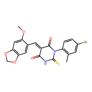 (5Z)-1-(4-bromo-2-methylphenyl)-5-[(6-methoxy-1,3-benzodioxol-5-yl)methylidene]-2-sulfanylidene-1,3-diazinane-4,6-dione structure