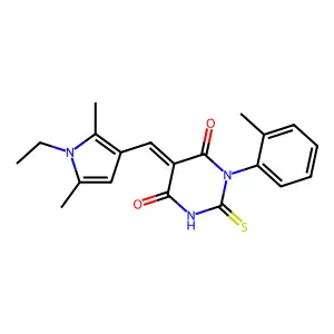 (5E)-5-[(1-ethyl-2,5-dimethyl-1H-pyrrol-3-yl)methylidene]-1-(2-methylphenyl)-2-thioxodihydropyrimidine-4,6(1H,5H)-dione structure