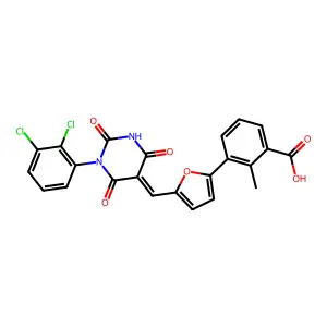 (E)-3-(5-((1-(2,3-dichlorophenyl)-2,4,6-trioxotetrahydropyrimidin-5(2H)-ylidene)methyl)furan-2-yl)-2-methylbenzoic acid structure