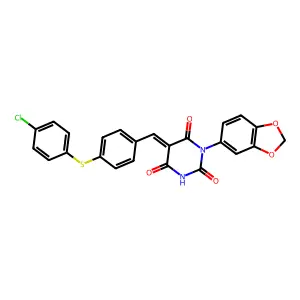(5E)-1-(1,3-benzodioxol-5-yl)-5-[[4-(4-chlorophenyl)sulfanylphenyl]methylidene]-1,3-diazinane-2,4,6-trione structure