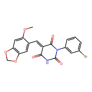 (5Z)-1-(3-bromophenyl)-5-[(6-methoxy-1,3-benzodioxol-5-yl)methylidene]-1,3-diazinane-2,4,6-trione structure