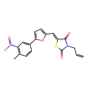 (5E)-5-[[5-(4-methyl-3-nitrophenyl)furan-2-yl]methylidene]-3-prop-2-enyl-1,3-thiazolidine-2,4-dione structure