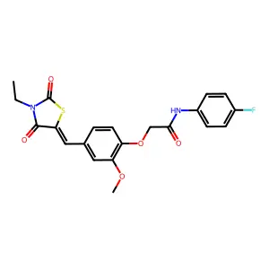 2-[4-[(E)-(3-ethyl-2,4-dioxo-1,3-thiazolidin-5-ylidene)methyl]-2-methoxyphenoxy]-N-(4-fluorophenyl)acetamide structure