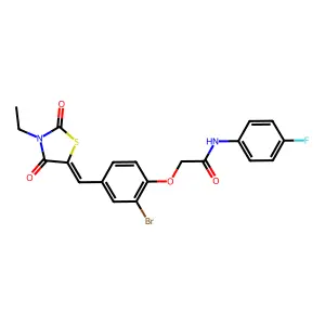 2-[2-bromo-4-[(E)-(3-ethyl-2,4-dioxo-1,3-thiazolidin-5-ylidene)methyl]phenoxy]-N-(4-fluorophenyl)acetamide structure