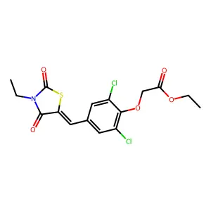 ethyl {2,6-dichloro-4-[(E)-(3-ethyl-2,4-dioxo-1,3-thiazolidin-5-ylidene)methyl]phenoxy}acetate structure