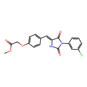 methyl (4-{(E)-[1-(3-chlorophenyl)-2,5-dioxoimidazolidin-4-ylidene]methyl}phenoxy)acetate structure