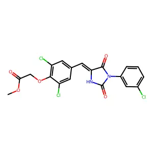 methyl (2,6-dichloro-4-{(E)-[1-(3-chlorophenyl)-2,5-dioxoimidazolidin-4-ylidene]methyl}phenoxy)acetate structure