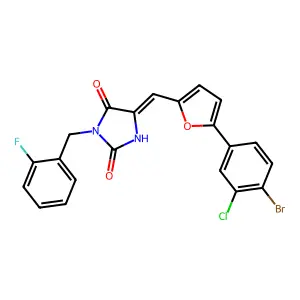 (5E)-5-[[5-(4-bromo-3-chlorophenyl)furan-2-yl]methylidene]-3-[(2-fluorophenyl)methyl]imidazolidine-2,4-dione structure