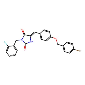 (5E)-5-{4-[(4-bromobenzyl)oxy]benzylidene}-3-(2-fluorobenzyl)imidazolidine-2,4-dione structure