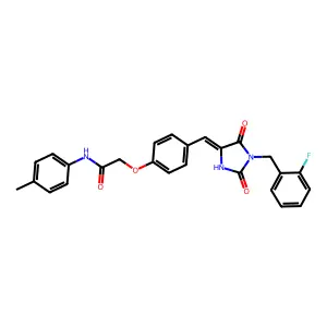 2-(4-{(E)-[1-(2-fluorobenzyl)-2,5-dioxoimidazolidin-4-ylidene]methyl}phenoxy)-N-(4-methylphenyl)acetamide structure