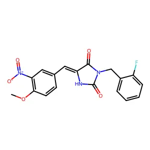 (5E)-3-(2-fluorobenzyl)-5-(4-methoxy-3-nitrobenzylidene)imidazolidine-2,4-dione structure