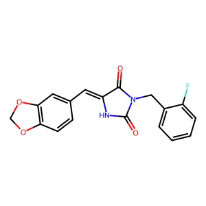 (5E)-5-(1,3-benzodioxol-5-ylmethylidene)-3-(2-fluorobenzyl)imidazolidine-2,4-dione structure