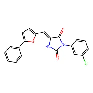 (5E)-3-(3-chlorophenyl)-5-[(5-phenylfuran-2-yl)methylidene]imidazolidine-2,4-dione structure