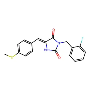 (5E)-3-(2-fluorobenzyl)-5-[4-(methylsulfanyl)benzylidene]imidazolidine-2,4-dione structure