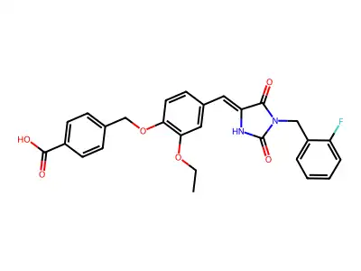 4-((2-Ethoxy-4-((1-(2-fluorobenzyl)-2,5-dioxoimidazolidin-4-ylidene)methyl)phenoxy)methyl)benzoic acid structure