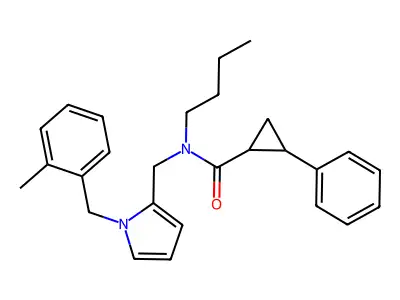 N-butyl-N-[[1-[(2-methylphenyl)methyl]pyrrol-2-yl]methyl]-2-phenylcyclopropane-1-carboxamide structure