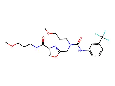N-(3-methoxypropyl)-2-[[3-methoxypropyl-[[3-(trifluoromethyl)phenyl]carbamoyl]amino]methyl]-1,3-oxazole-4-carboxamide structure