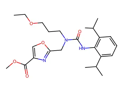 methyl 2-[[[2,6-di(propan-2-yl)phenyl]carbamoyl-(3-ethoxypropyl)amino]methyl]-1,3-oxazole-4-carboxylate structure