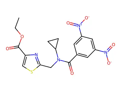 Ethyl 2-[[cyclopropyl-(3,5-dinitrobenzoyl)amino]methyl]-1,3-thiazole-4-carboxylate structure