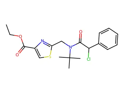 ethyl 2-[[tert-butyl-(2-chloro-2-phenylacetyl)amino]methyl]-1,3-thiazole-4-carboxylate structure