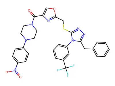 [2-[[5-benzyl-4-[3-(trifluoromethyl)phenyl]-1,2,4-triazol-3-yl]sulfanylmethyl]-1,3-oxazol-4-yl]-[4-(4-nitrophenyl)piperazin-1-yl]methanone structure