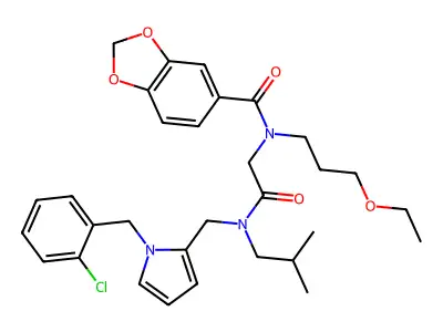 N-[2-[[1-[(2-chlorophenyl)methyl]pyrrol-2-yl]methyl-(2-methylpropyl)amino]-2-oxoethyl]-N-(3-ethoxypropyl)-1,3-benzodioxole-5-carboxamide structure
