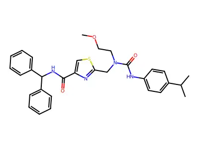 N-benzhydryl-2-[[2-methoxyethyl-[(4-propan-2-ylphenyl)carbamoyl]amino]methyl]-1,3-thiazole-4-carboxamide structure