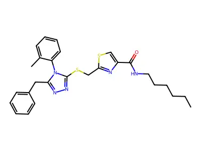 2-[[5-benzyl-4-(2-methylphenyl)-1,2,4-triazol-3-yl]sulfanylmethyl]-N-hexyl-1,3-thiazole-4-carboxamide structure